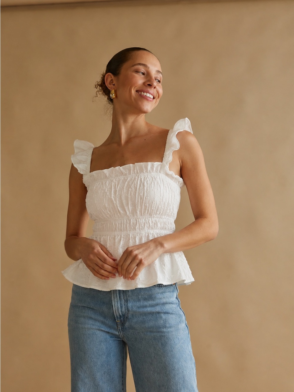 Love Riche White Smocked Ruffle Strap Peplum Camisole